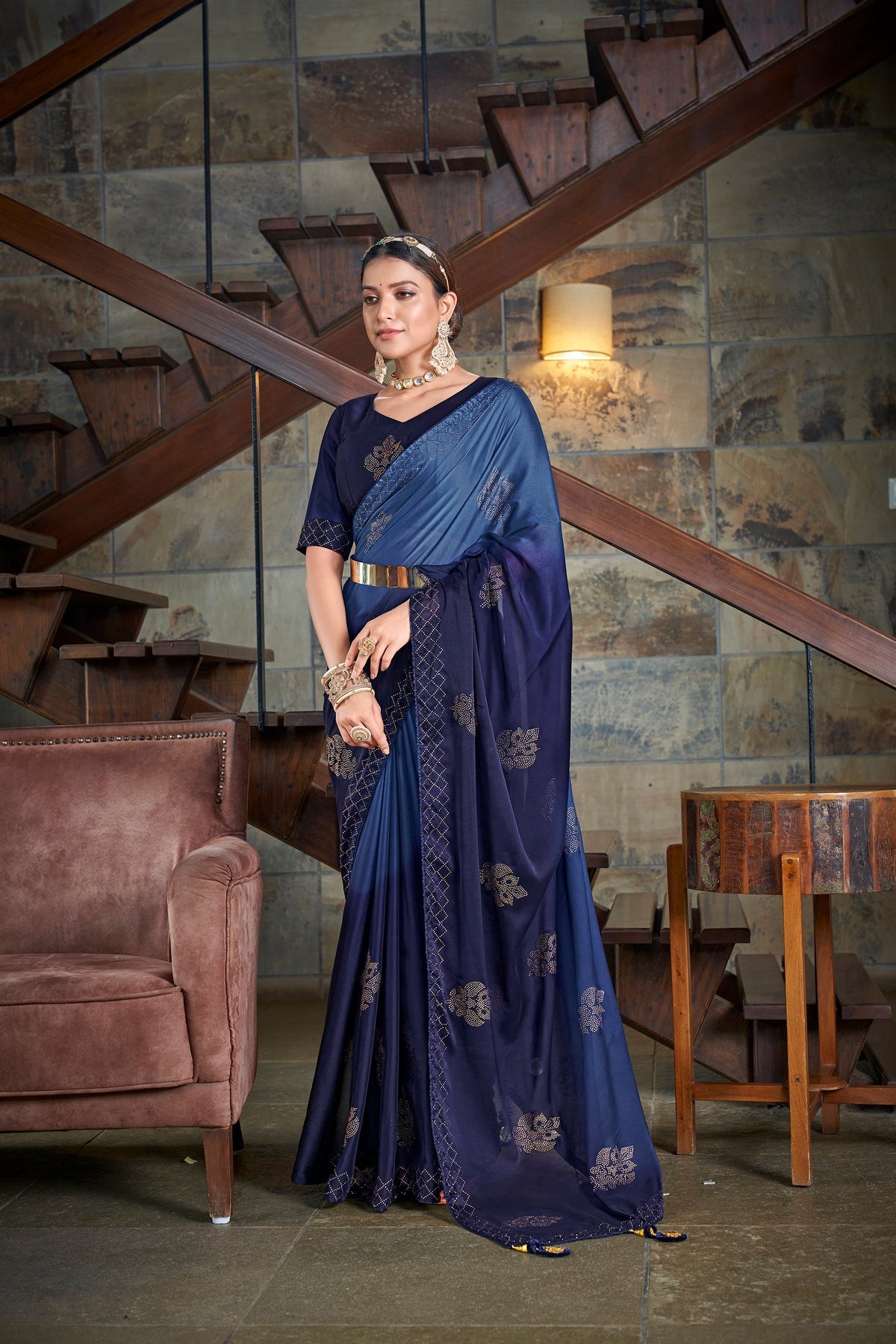 Party Wear Navy Blue Color Diamond Work Double Tone Saree - Colorful Saree