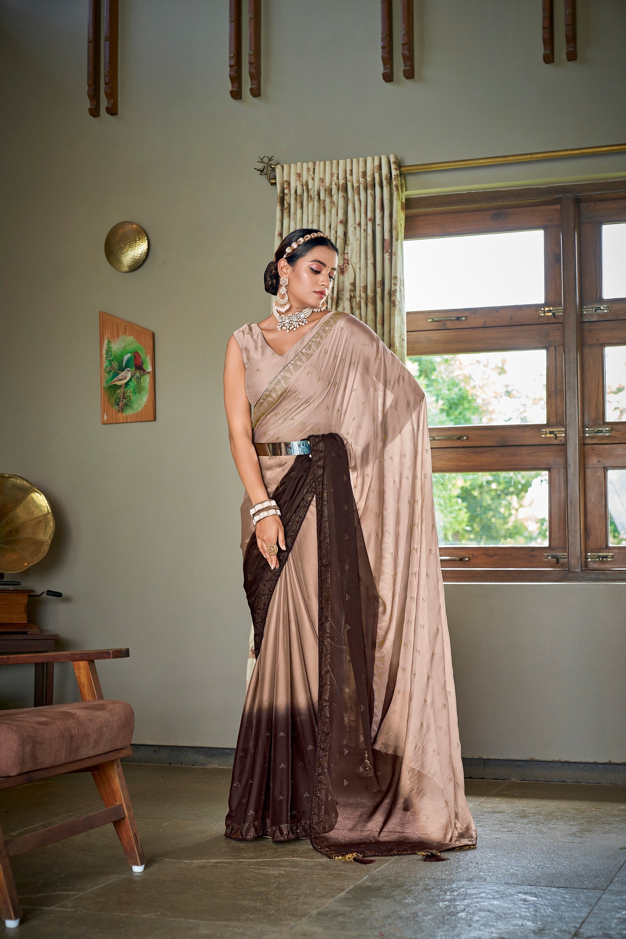 Party Wear Brown Color Diamond Work Double Tone Saree - Colorful Saree