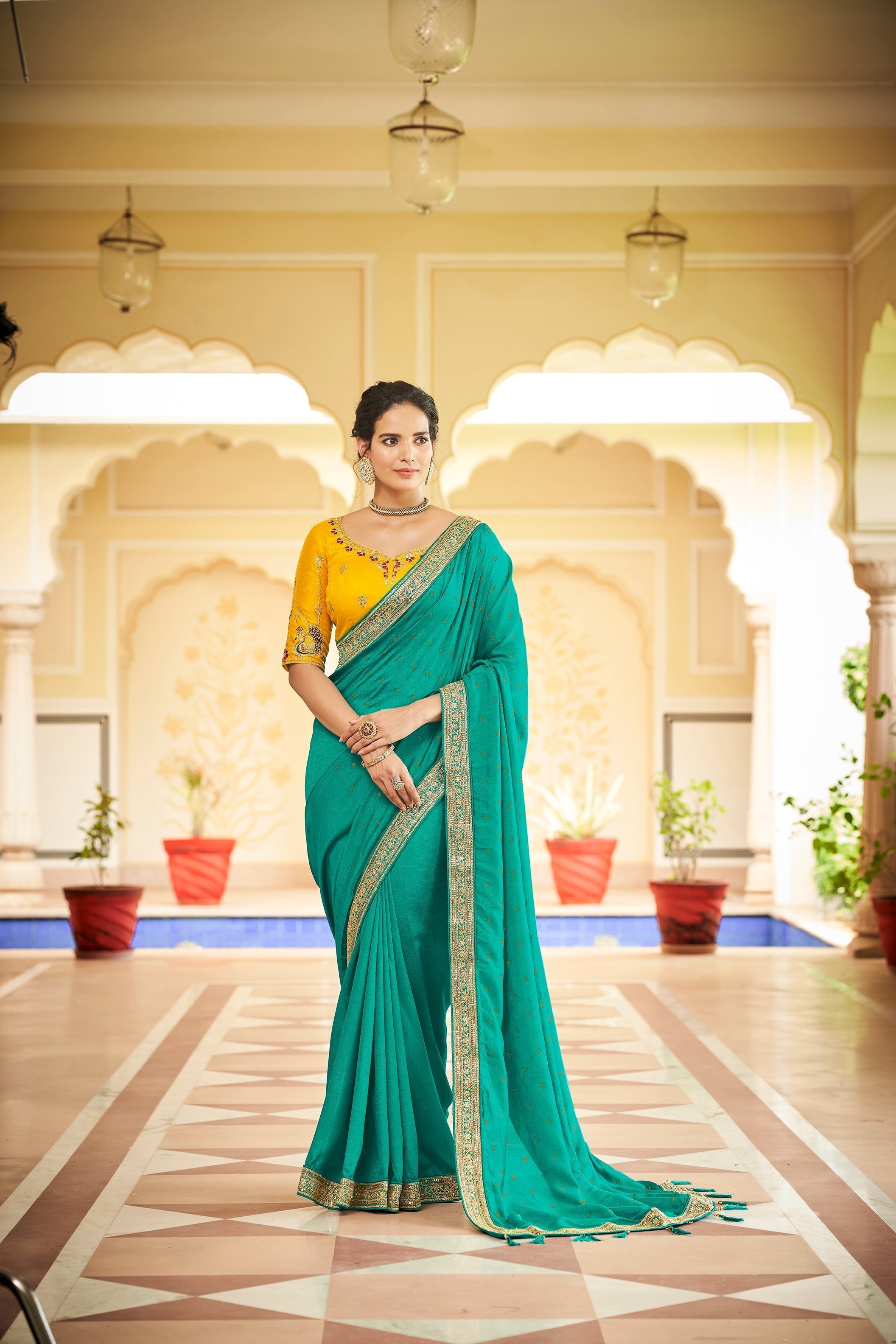 Designer Sky Blue Color Swarovski Sequence Work Silk Saree - Colorful Saree