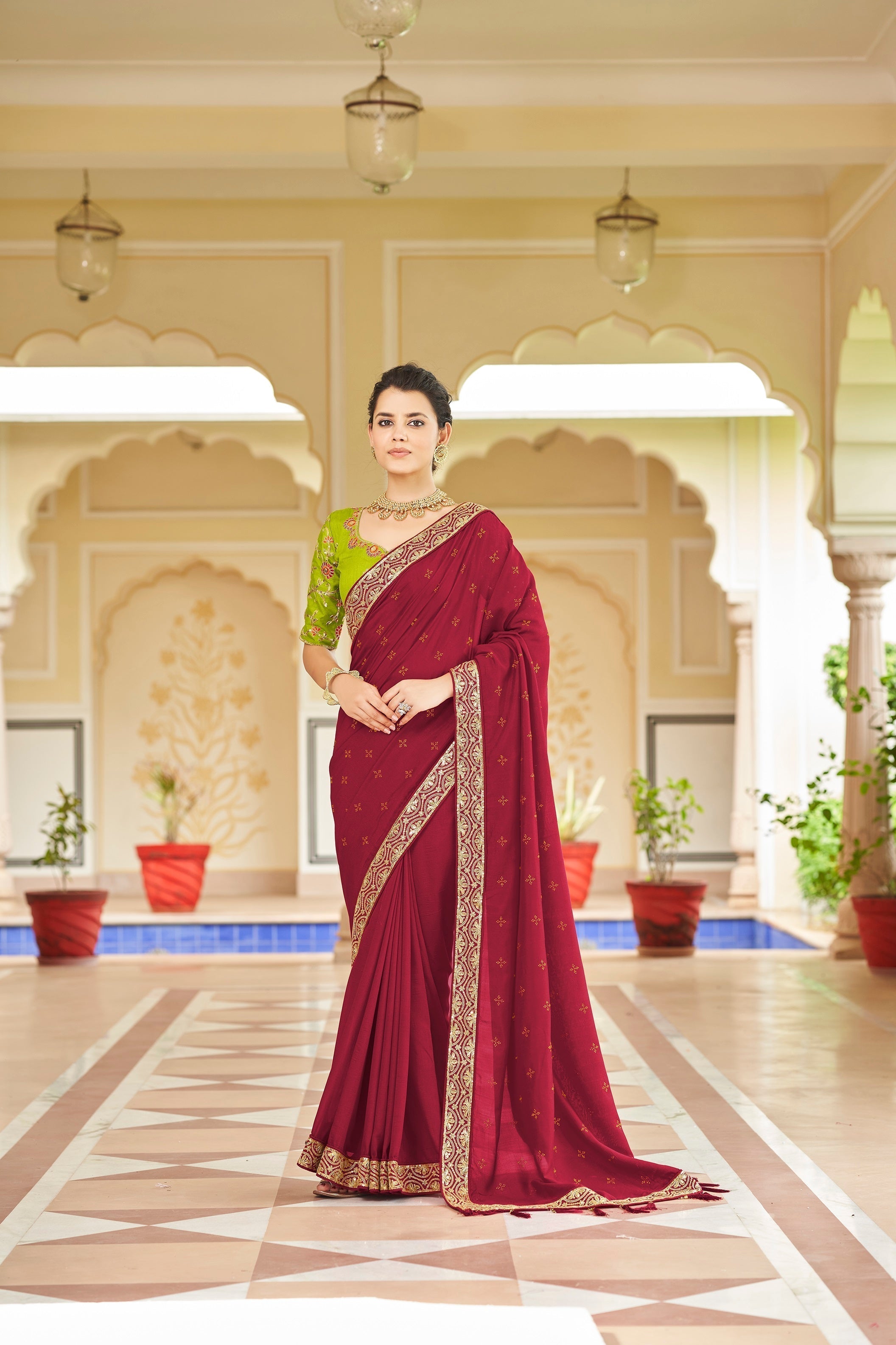 Designer Red Color Swarovski Sequence Work Silk Saree - Colorful Saree