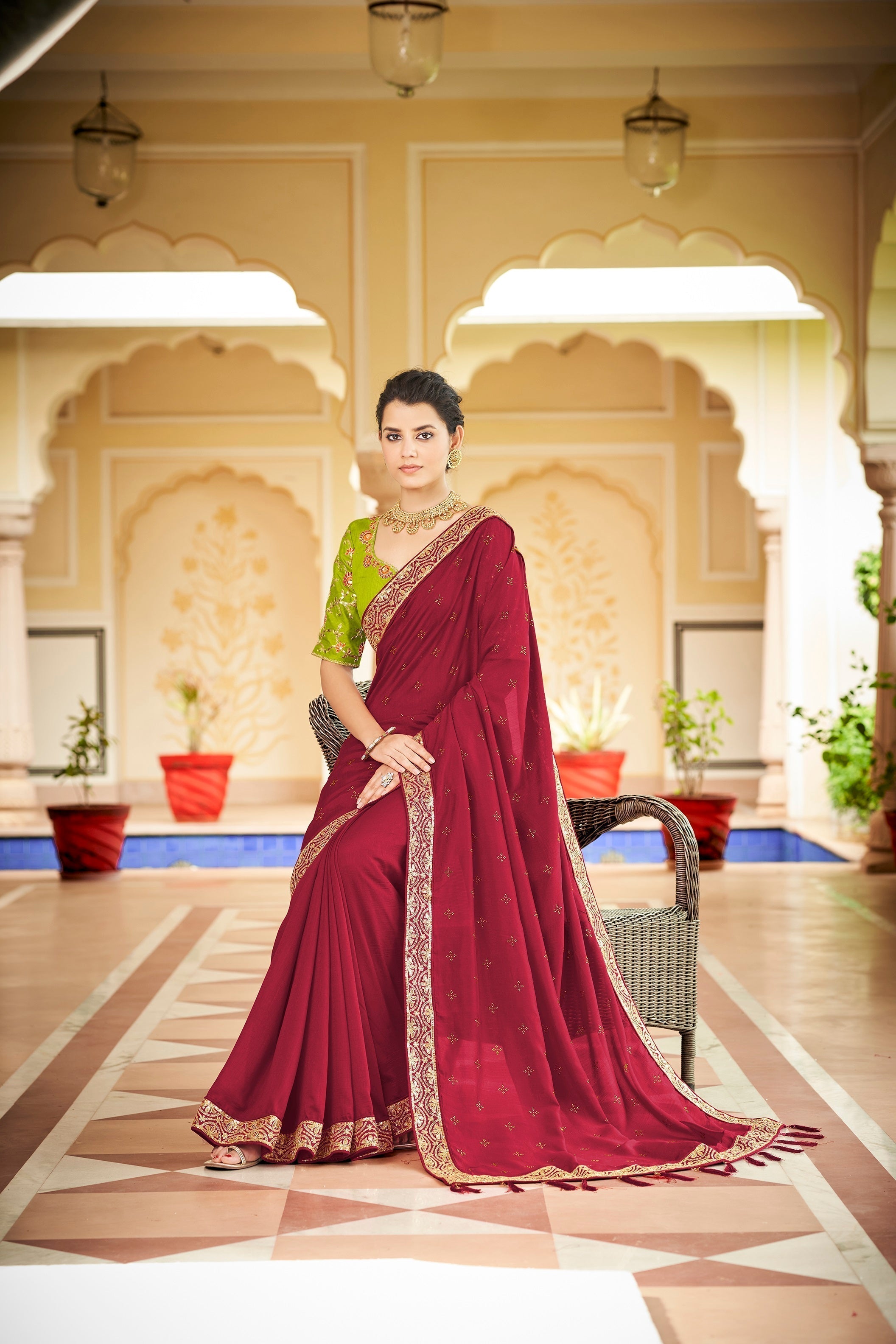 Designer Red Color Swarovski Sequence Work Silk Saree - Colorful Saree