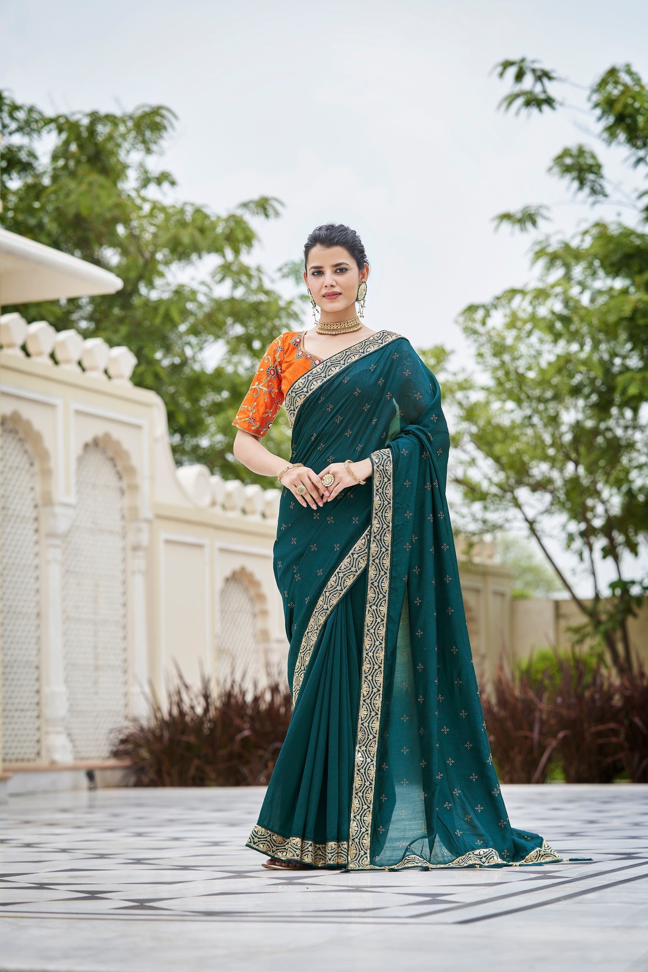 Designer Rama Color Swarovski Sequence Work Silk Saree - Colorful Saree