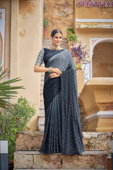 Fancy Grey Color Sequence Thread Work Chinon Saree - Colorful Saree