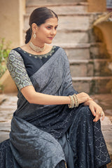 Fancy Grey Color Sequence Thread Work Chinon Saree - Colorful Saree