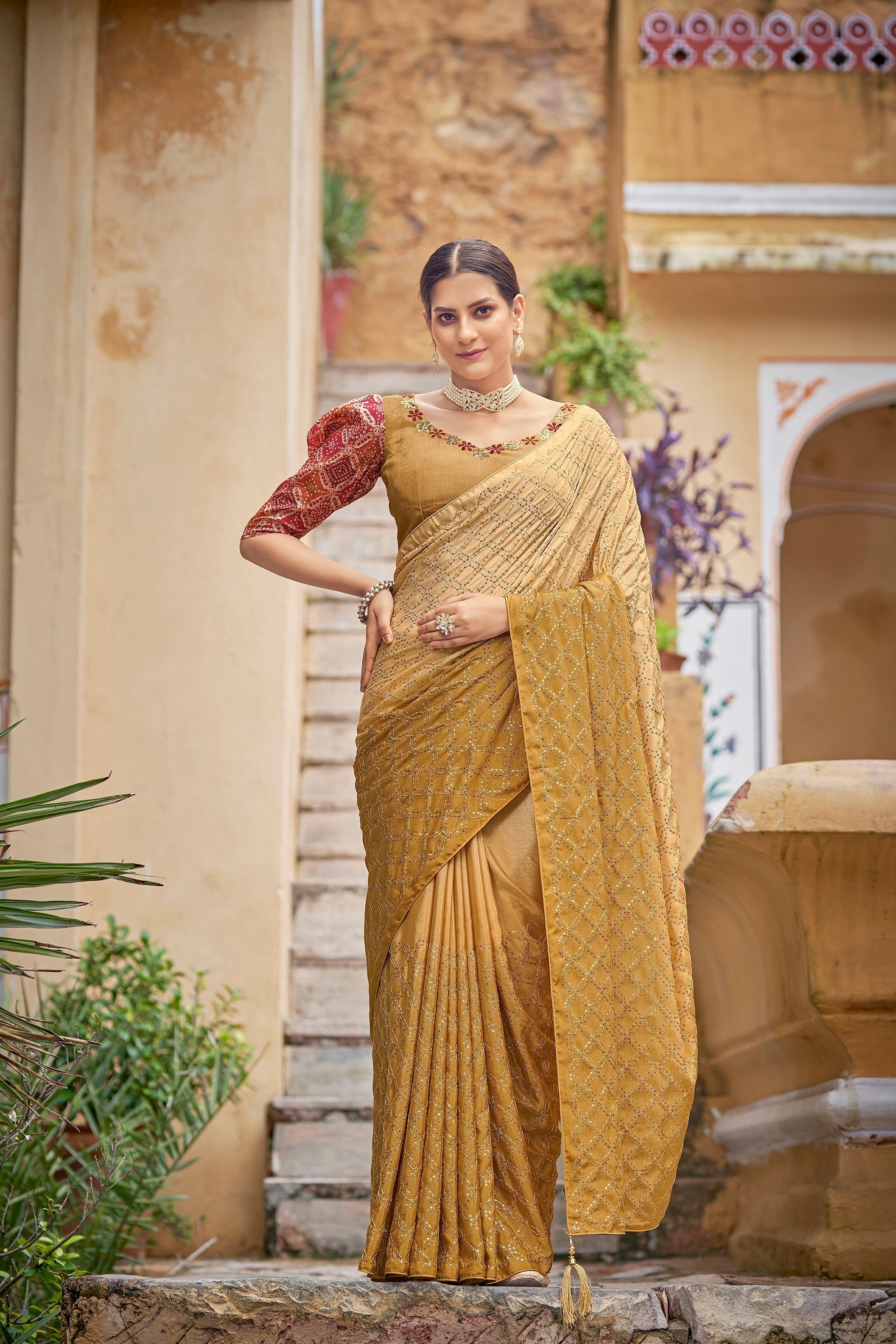 Fancy Yellow Color Sequence Thread Work Chinon Saree - Colorful Saree