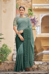 Fancy Green Color Sequence Thread Work Chinon Saree - Colorful Saree