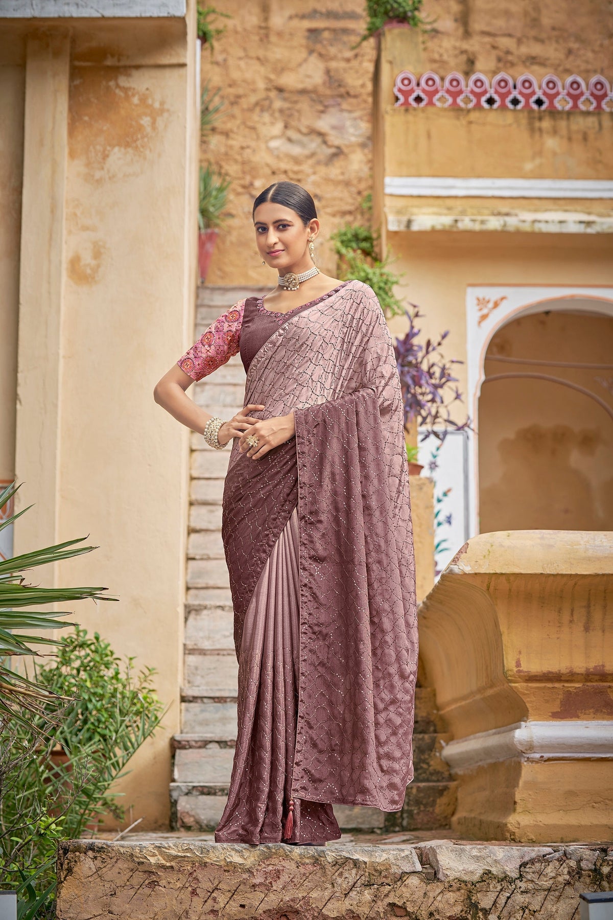 Fancy Dusty Pink Color Sequence Thread Work Chinon Saree - Colorful Saree