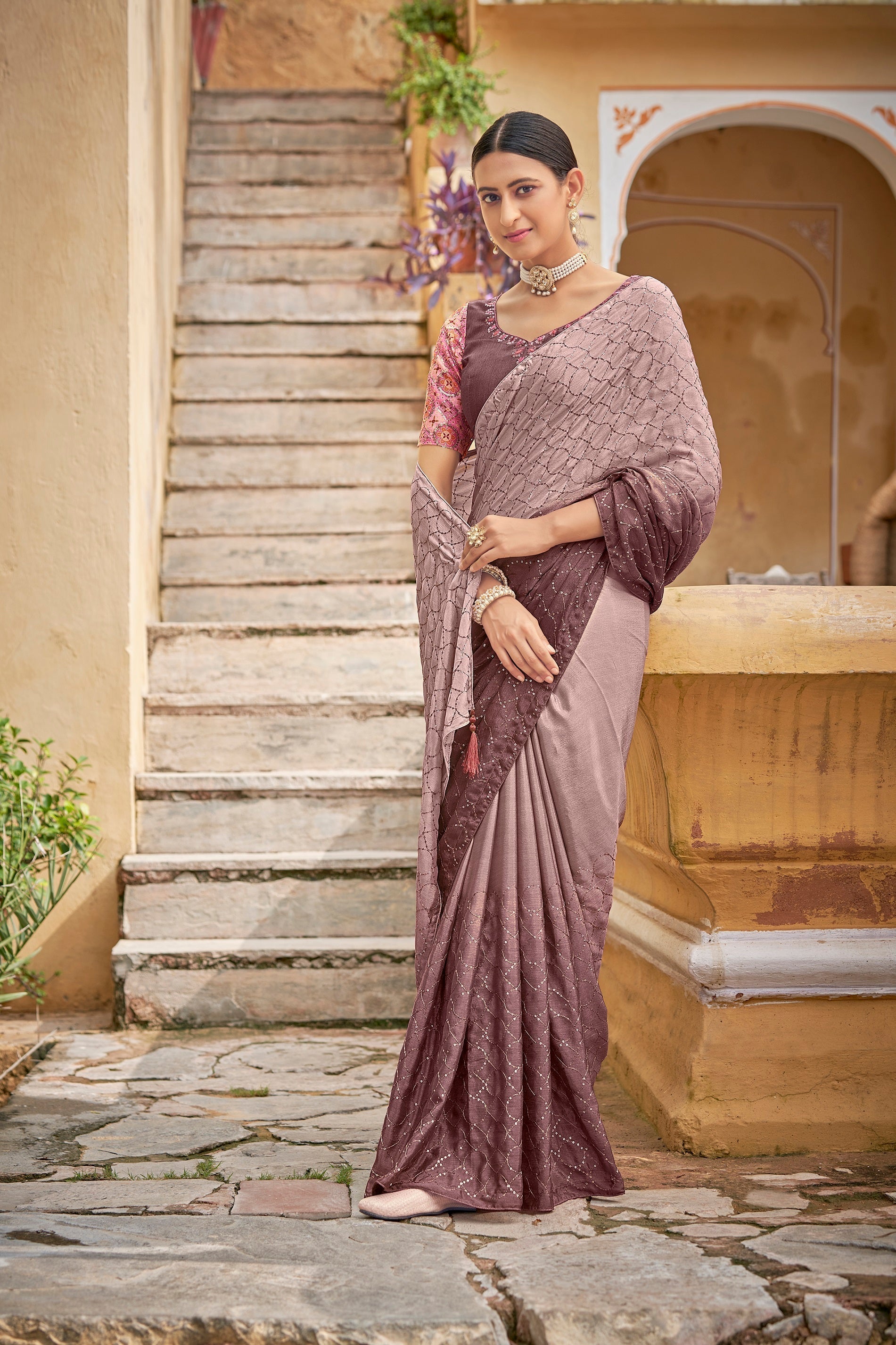 Fancy Dusty Pink Color Sequence Thread Work Chinon Saree - Colorful Saree