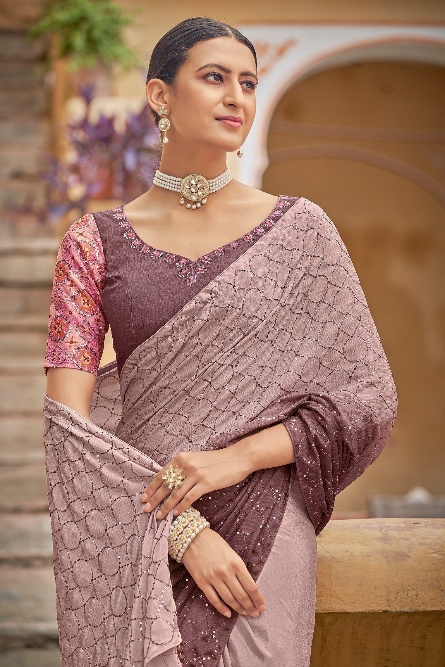 Fancy Dusty Pink Color Sequence Thread Work Chinon Saree - Colorful Saree