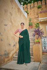 Fancy Dark Green Color Sequence Thread Work Chinon Saree - Colorful Saree