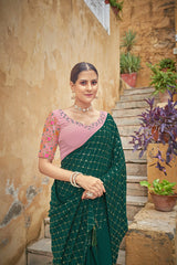 Fancy Dark Green Color Sequence Thread Work Chinon Saree - Colorful Saree