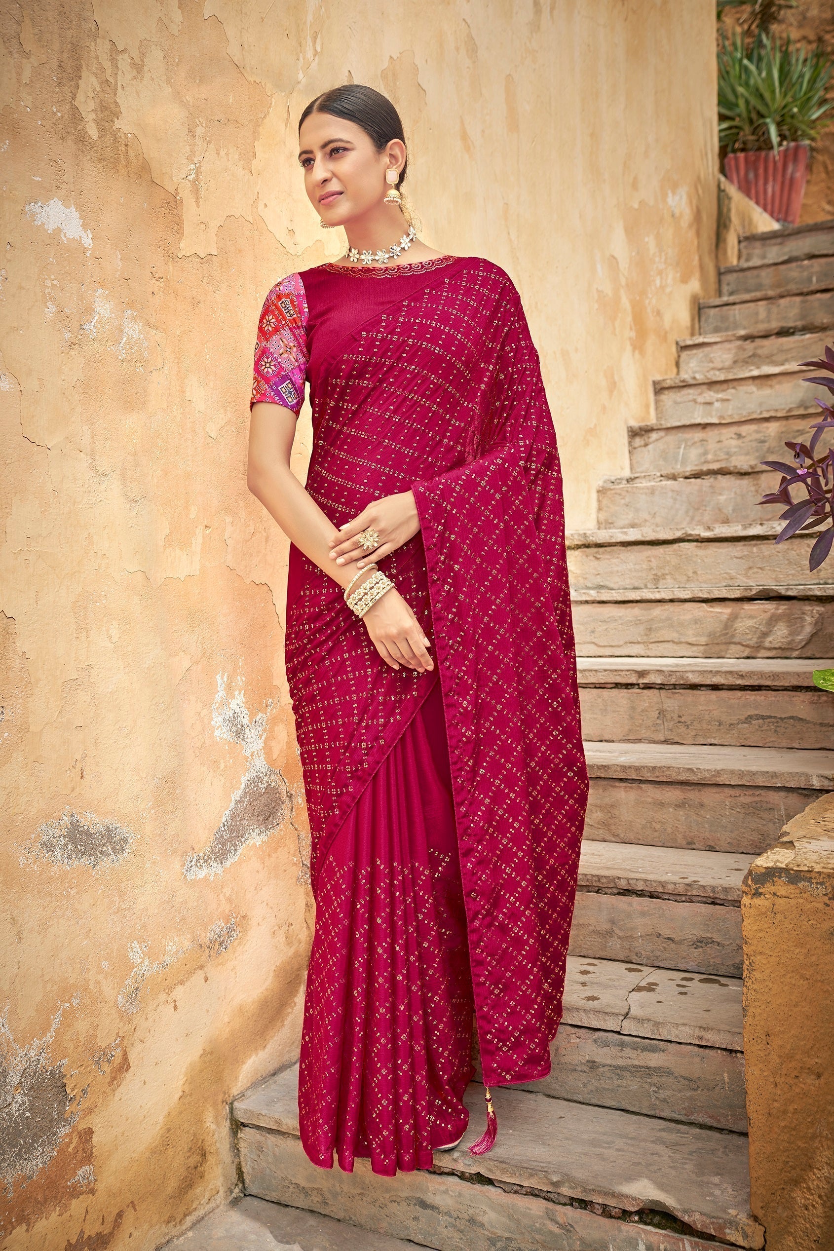 Fancy Dark Pink Color Sequence Thread Work Chinon Saree - Colorful Saree