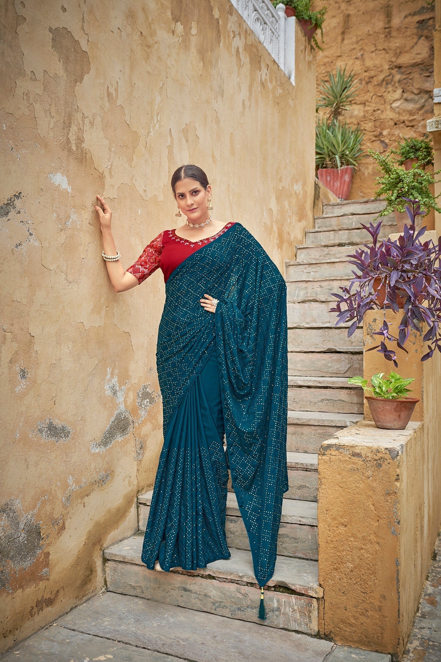 Fancy Teal Blue Color Sequence Thread Work Chinon Saree - Colorful Saree