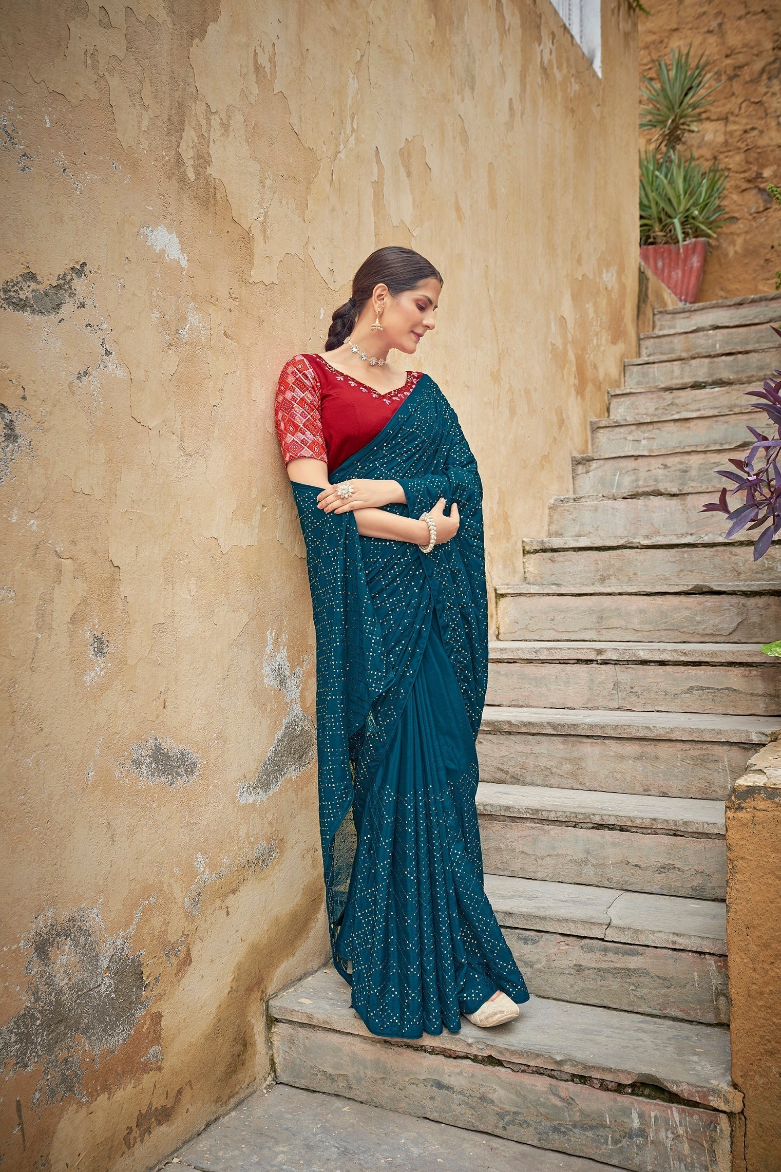 Fancy Teal Blue Color Sequence Thread Work Chinon Saree - Colorful Saree