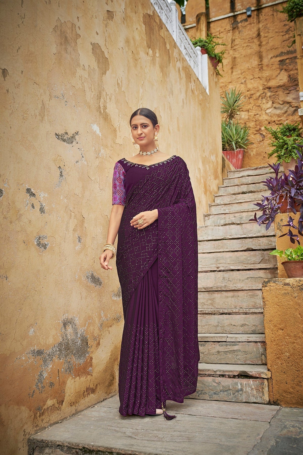 Fancy Purple Color Sequence Thread Work Chinon Saree - Colorful Saree