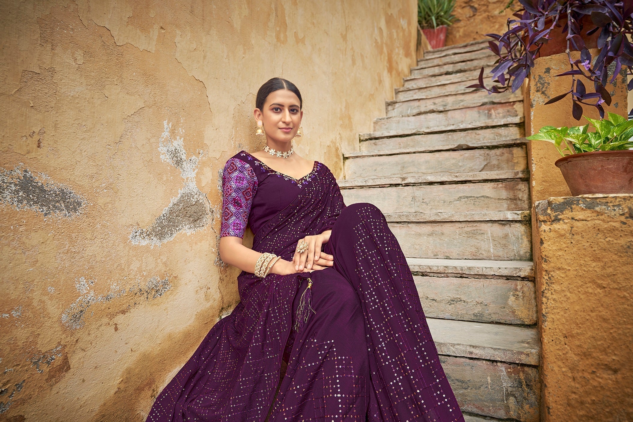 Fancy Purple Color Sequence Thread Work Chinon Saree - Colorful Saree