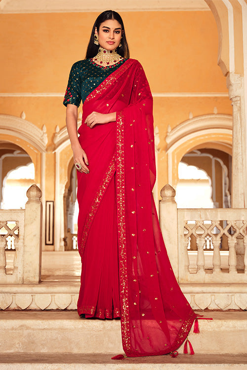 Beautiful Red Chinon Thread With Sequins Work Saree - Colorful Saree