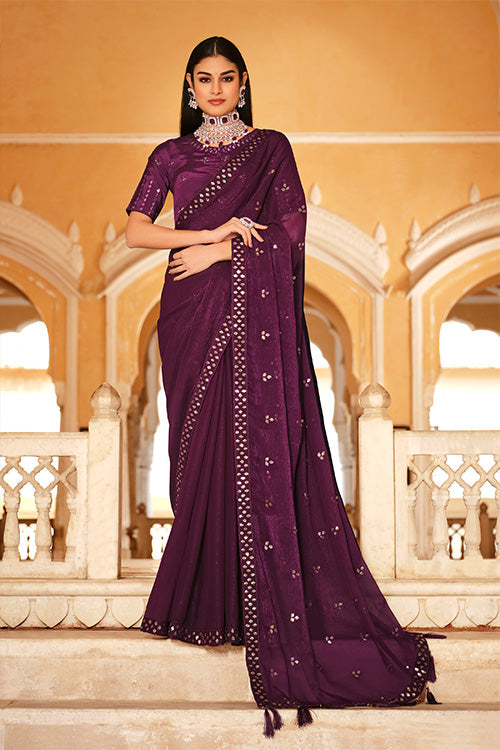 Purple Chinon Thread With Sequins Work Saree - Colorful Saree