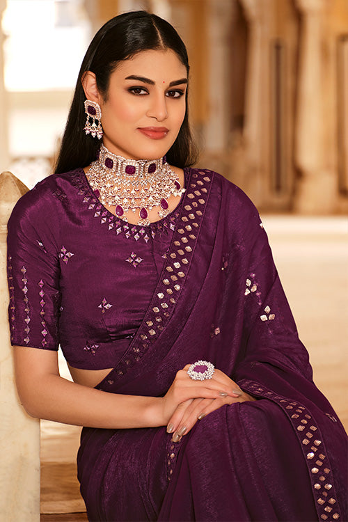 Purple Chinon Thread With Sequins Work Saree - Colorful Saree