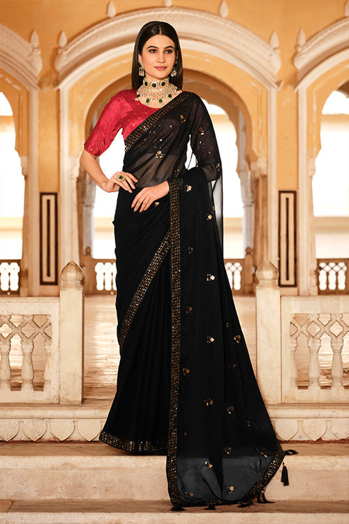 Black Chinon Thread With Sequins Work Saree - Colorful Saree