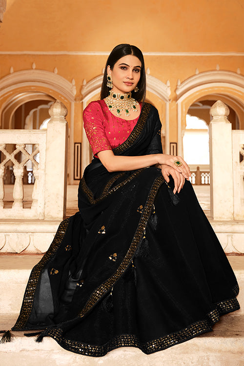 Black Chinon Thread With Sequins Work Saree - Colorful Saree