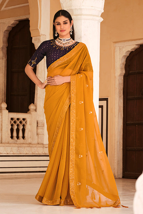 Yellow Chinon Thread With Sequins Work Saree - Colorful Saree