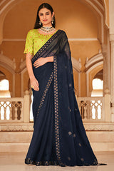 Navy Blue Chinon Thread With Sequins Work Saree - Colorful Saree