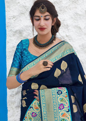 Indigo Blue Soft Banarasi Silk Saree with Zari Woven Butti overall - Colorful Saree
