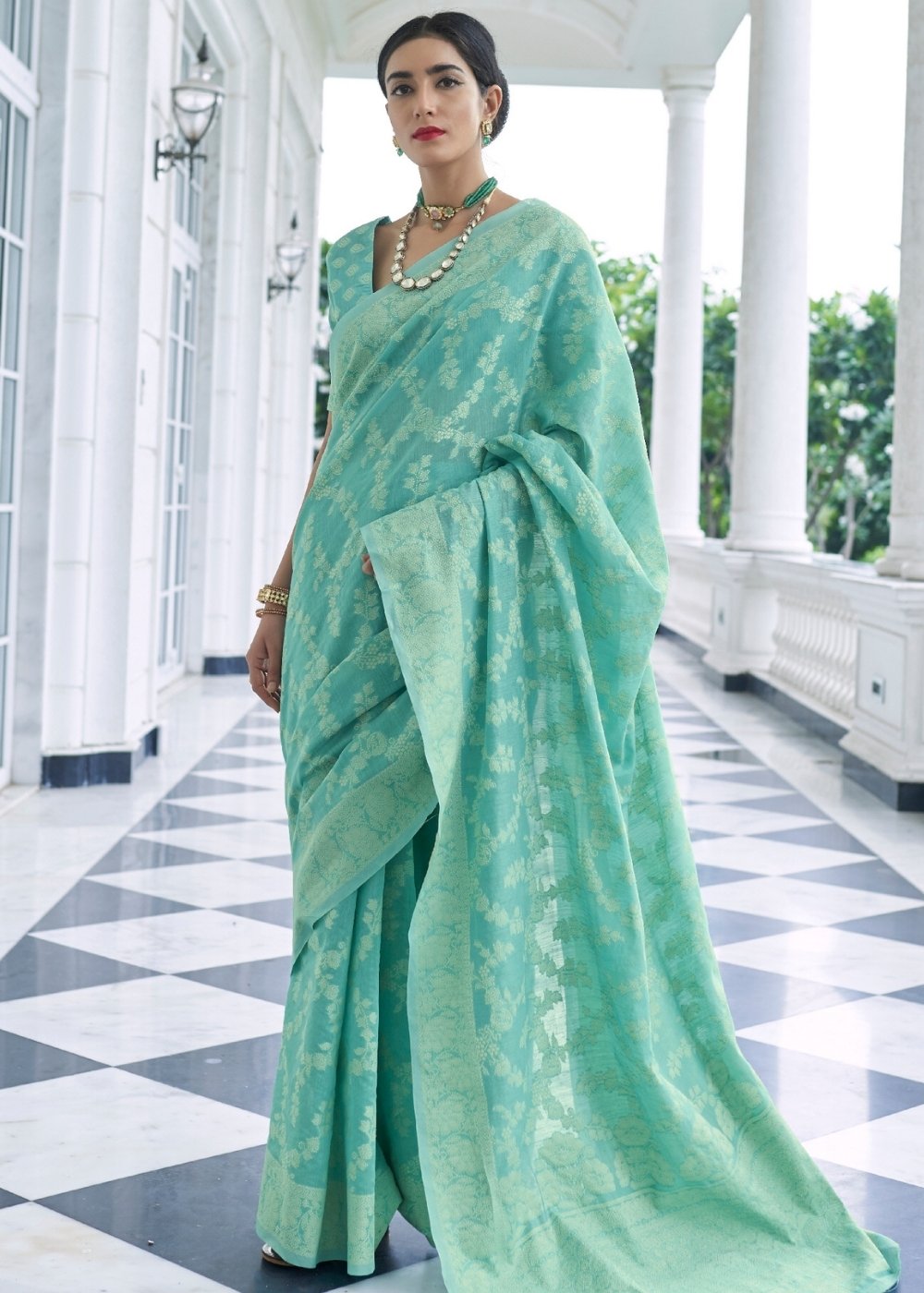 Caribbean Green Lucknowi Chikankari Weaving Silk Saree - Colorful Saree