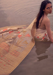 Beige Woven Linen Silk Saree with Floral Motif on Pallu and Border - Colorful Saree