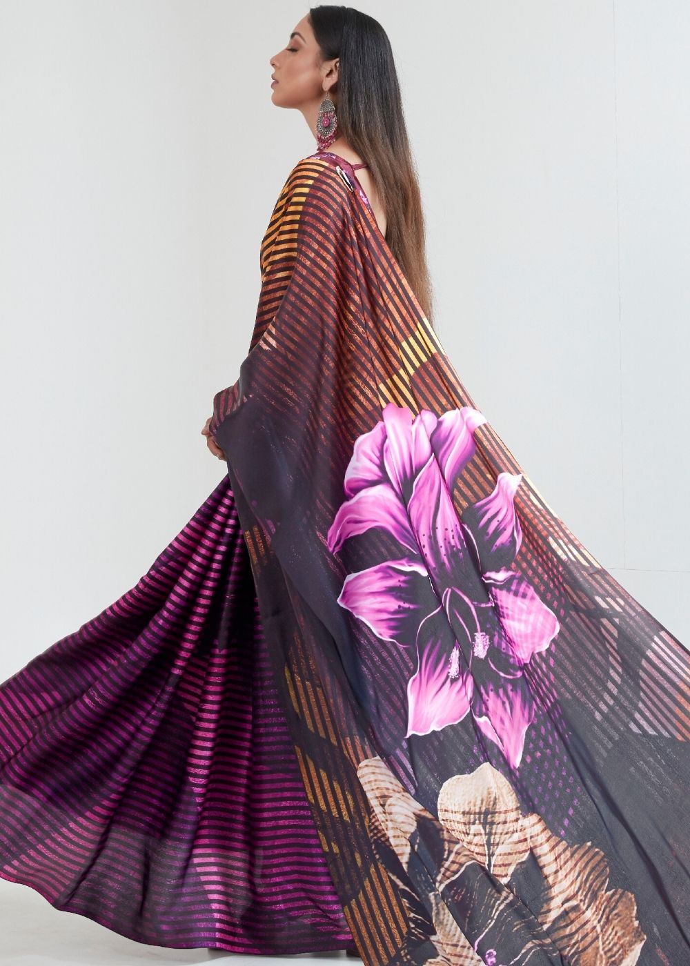 Umber Brown & Black Satin Silk Digital Printed Saree - Colorful Saree