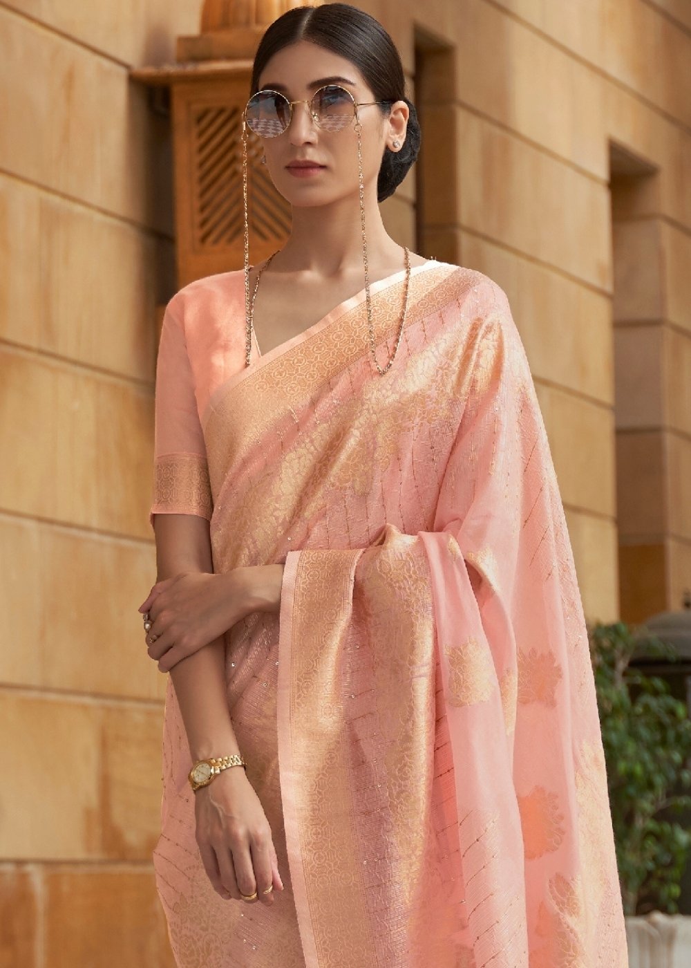 Flamingo Pink Zari Woven Silk Saree with Sequins work - Colorful Saree