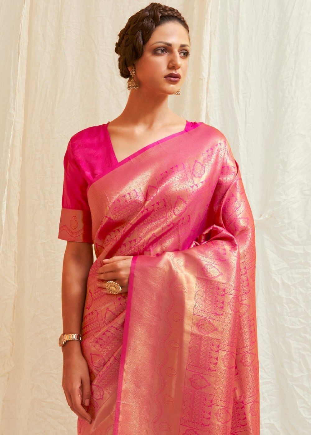 Hot Pink & Golden Blend Kanjivaram Silk Saree - Colorful Saree