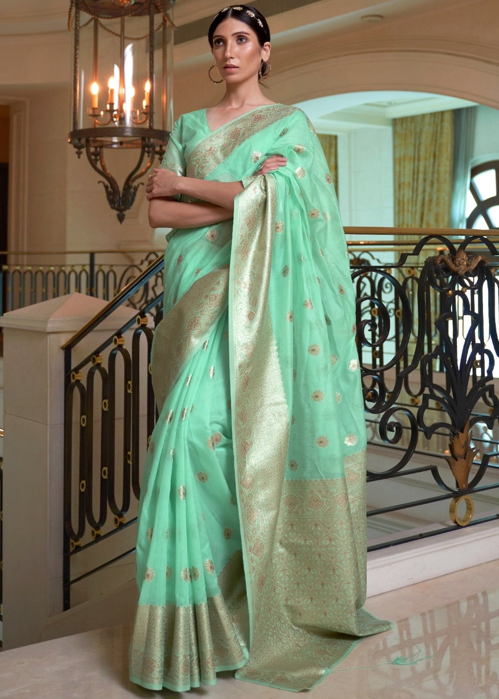 Mint Green Banarasi-Chanderi Fusion Woven Silk Saree - Colorful Saree