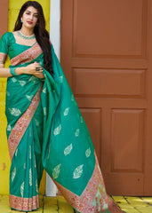 Teal Green Silk Saree with Floral Zari Border and Silver Buti Design - Colorful Saree