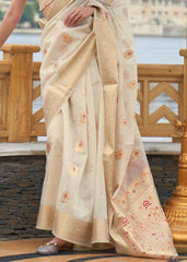 Ivory White Woven Linen Silk Saree - Colorful Saree