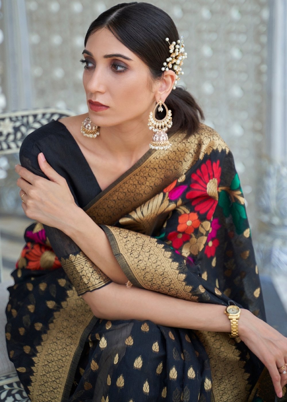 Onyx Black Floral Embroidered Linen Silk Saree - Colorful Saree