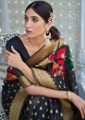 Onyx Black Floral Embroidered Linen Silk Saree - Colorful Saree