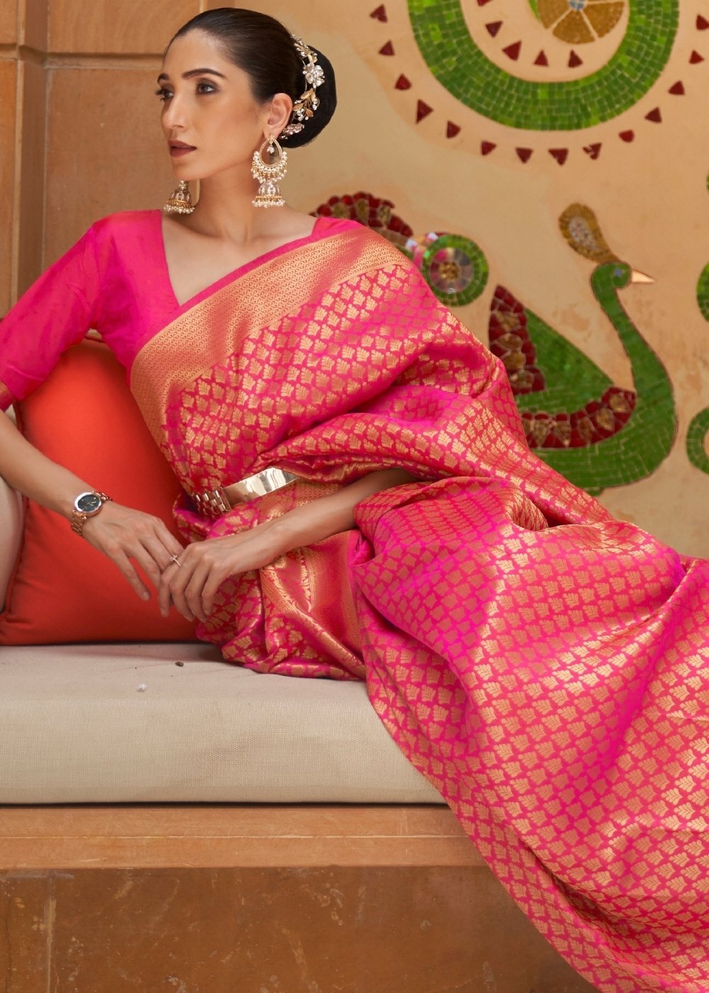 Hot Pink Zari Woven Kanjivaram Silk Saree - Colorful Saree