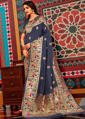 Denim Blue Zari Woven Paithani Silk Saree - Colorful Saree