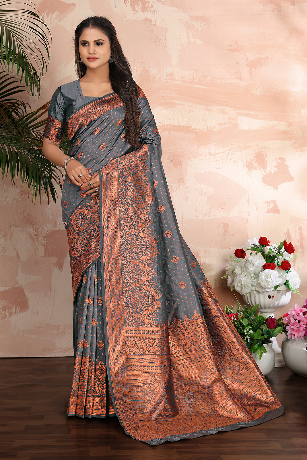 Grey woven banarasi silk traditional saree - Colorful Saree