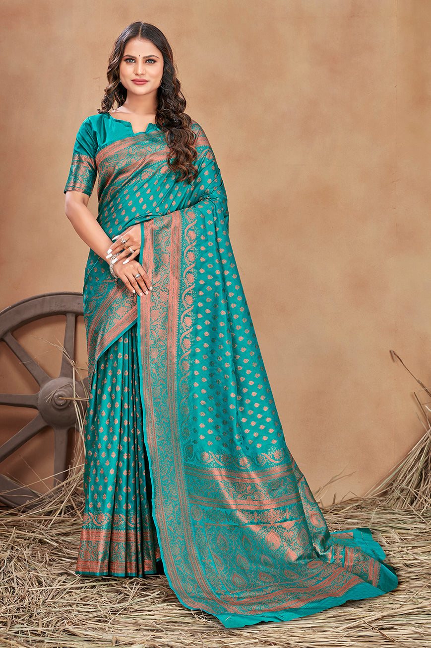 Turquoise Color Banarasi Silk Zari Work Saree - Colorful Saree