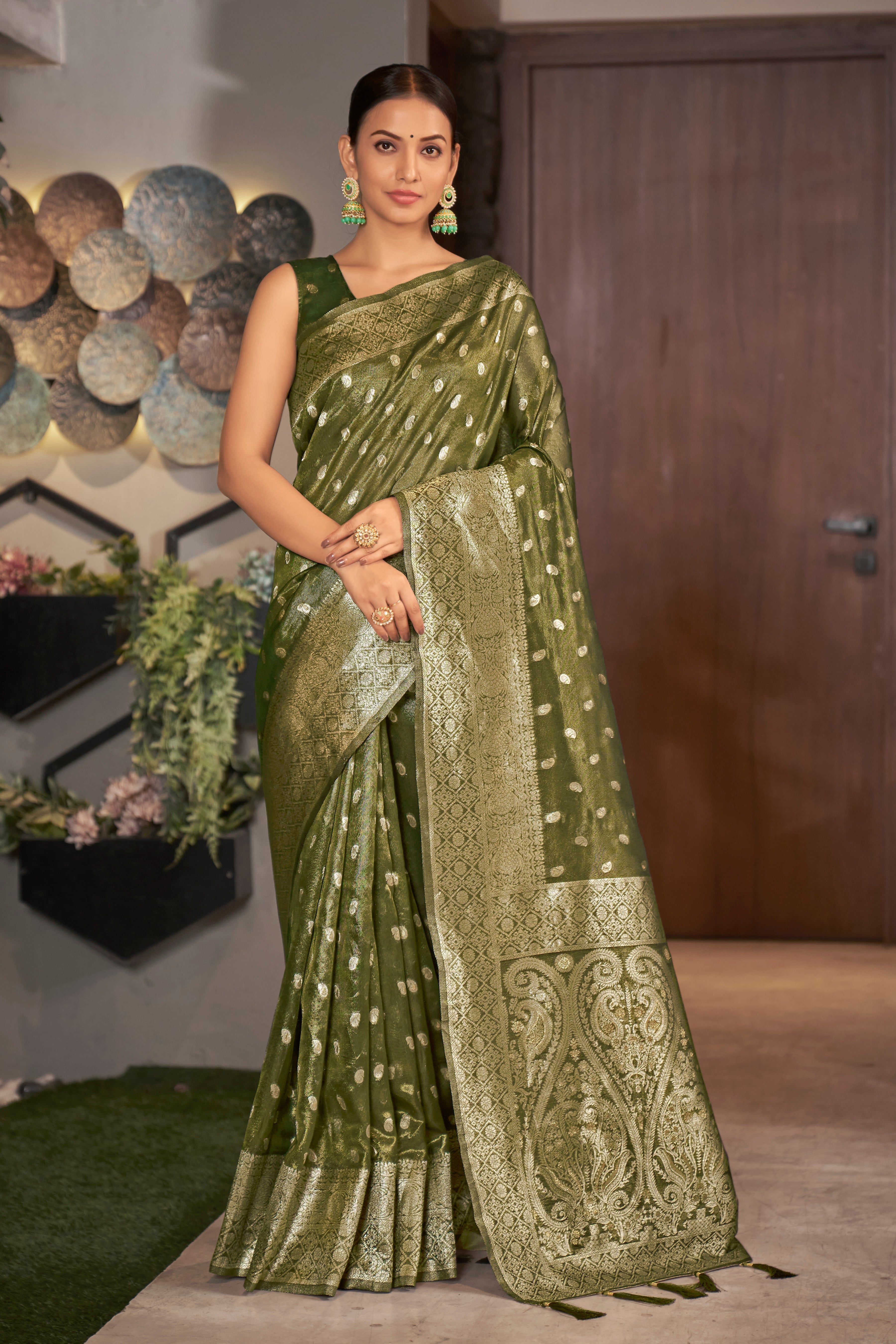 Olive Color Weaving Zari Work Classic Saree For Festival - Colorful Saree