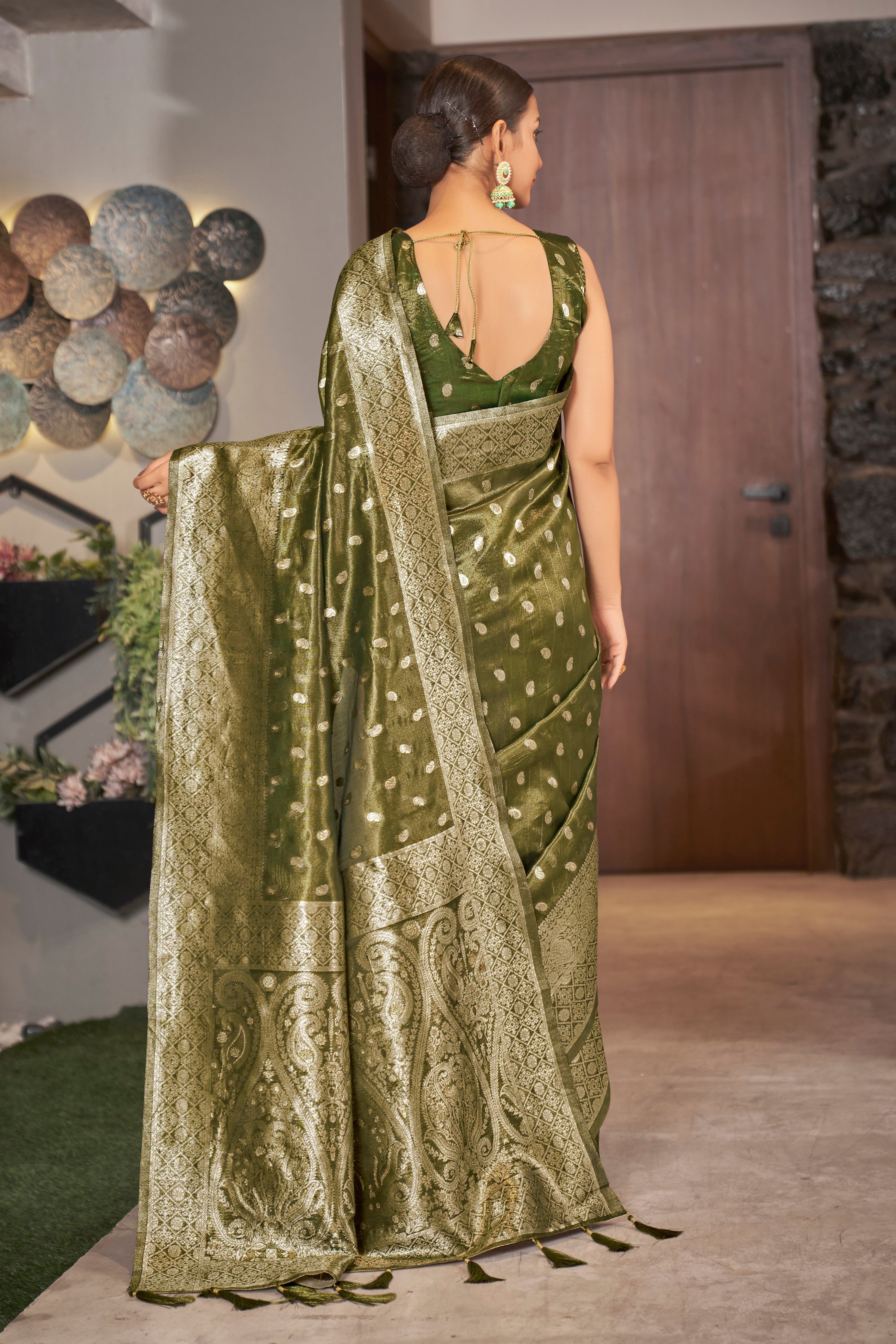 Olive Color Weaving Zari Work Classic Saree For Festival - Colorful Saree