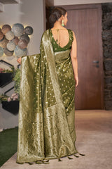 Olive Color Weaving Zari Work Classic Saree For Festival - Colorful Saree