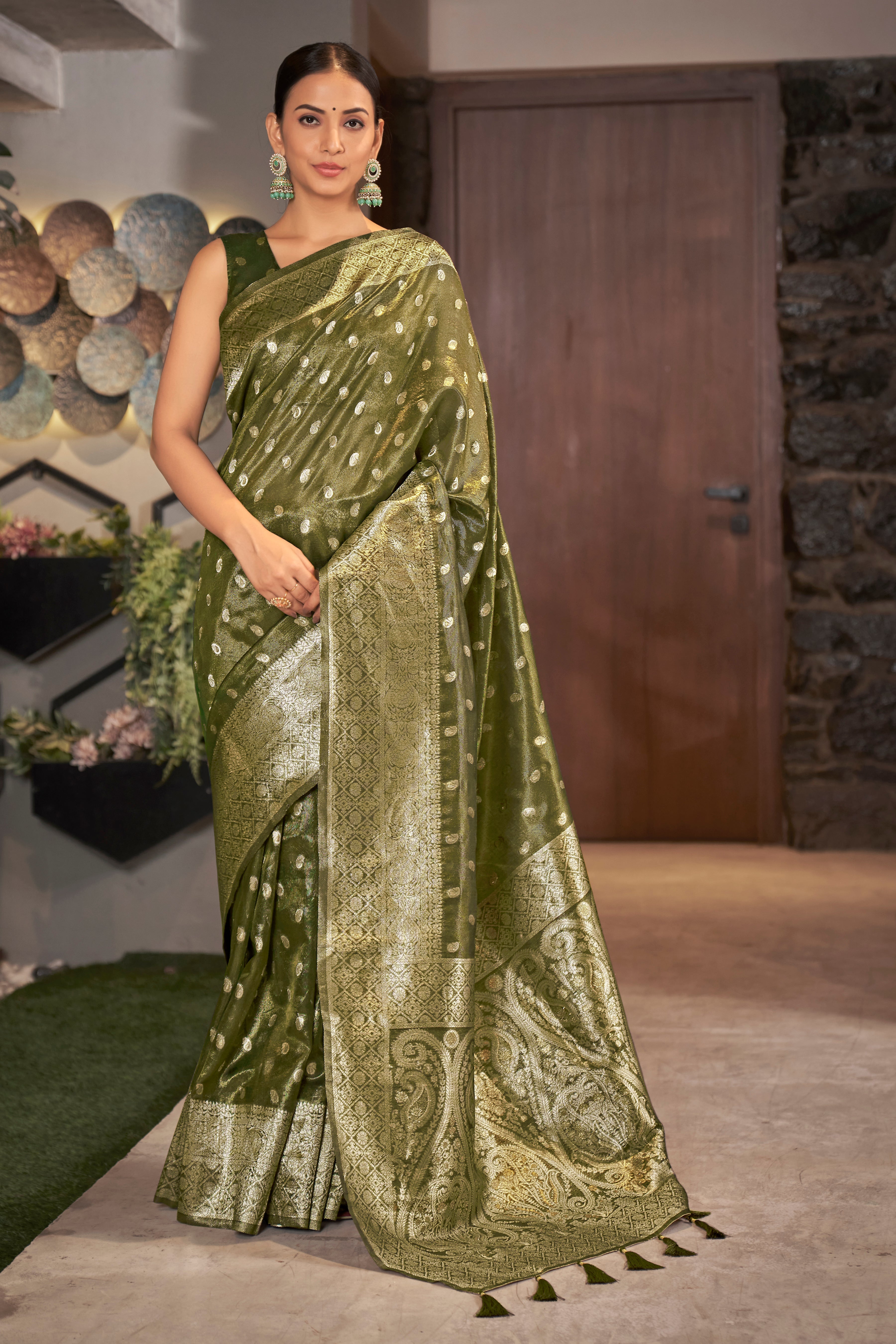 Olive Color Weaving Zari Work Classic Saree For Festival - Colorful Saree