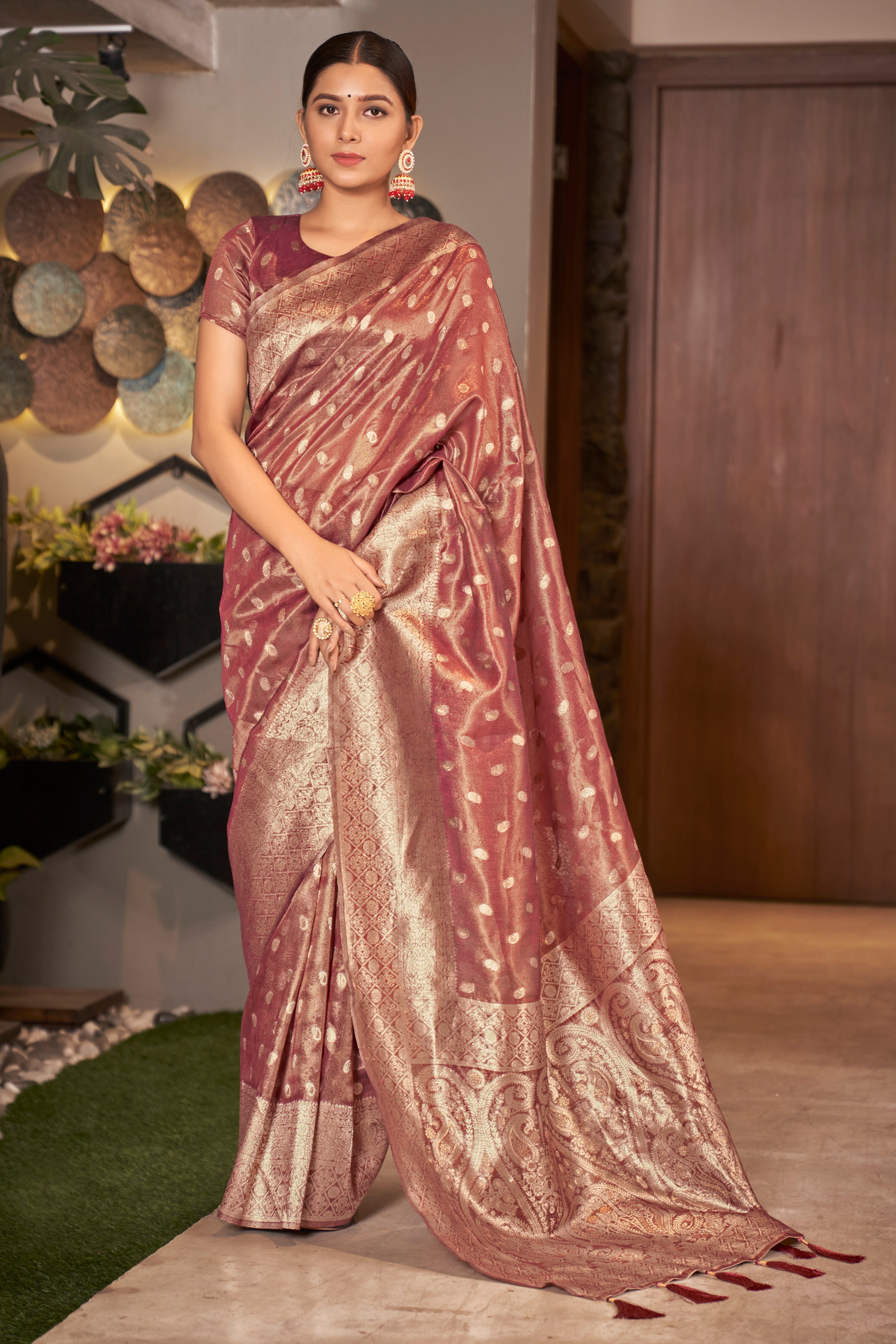 Rust Pink Color Weaving Zari Work Classic Saree For Festival - Colorful Saree