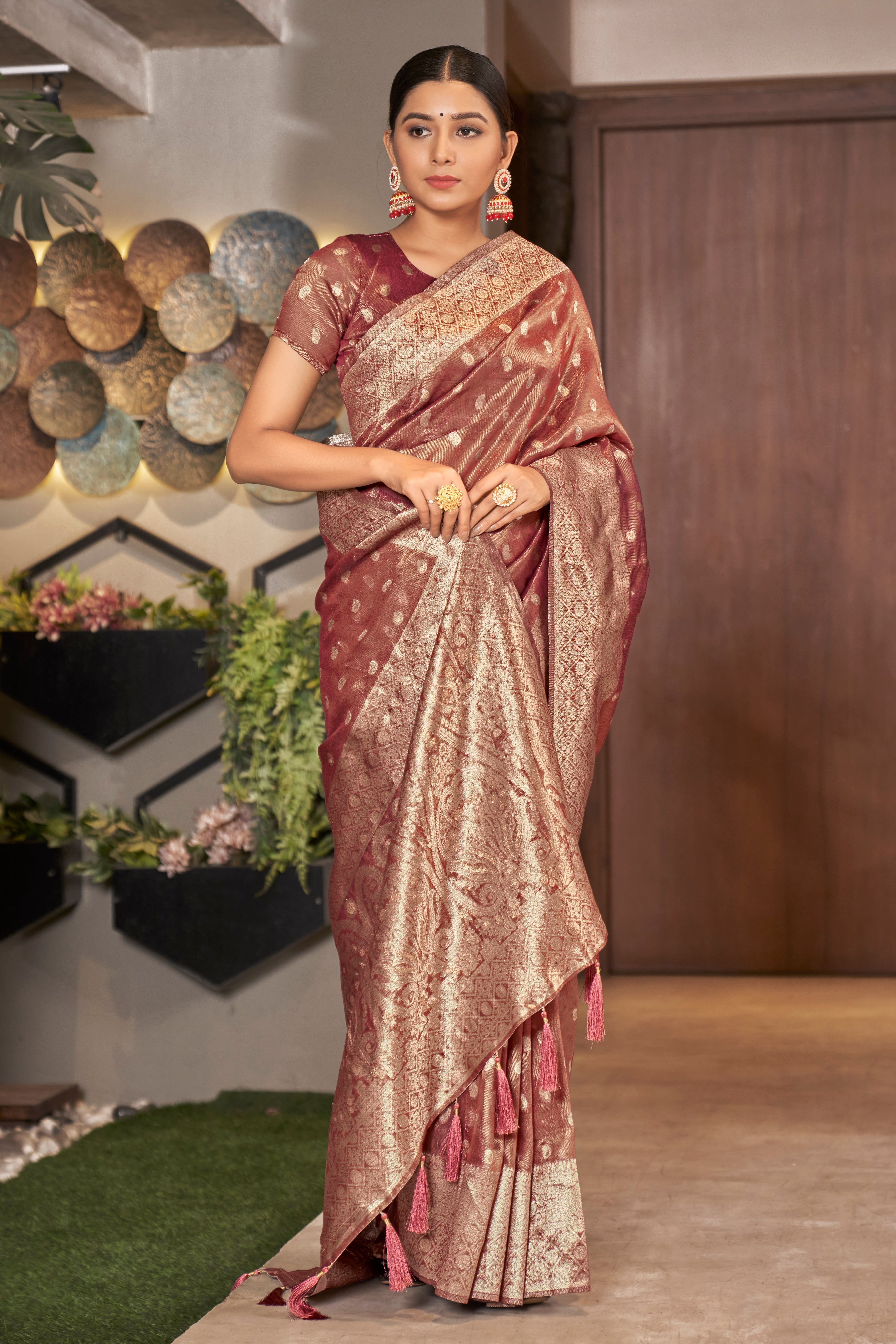 Rust Pink Color Weaving Zari Work Classic Saree For Festival - Colorful Saree