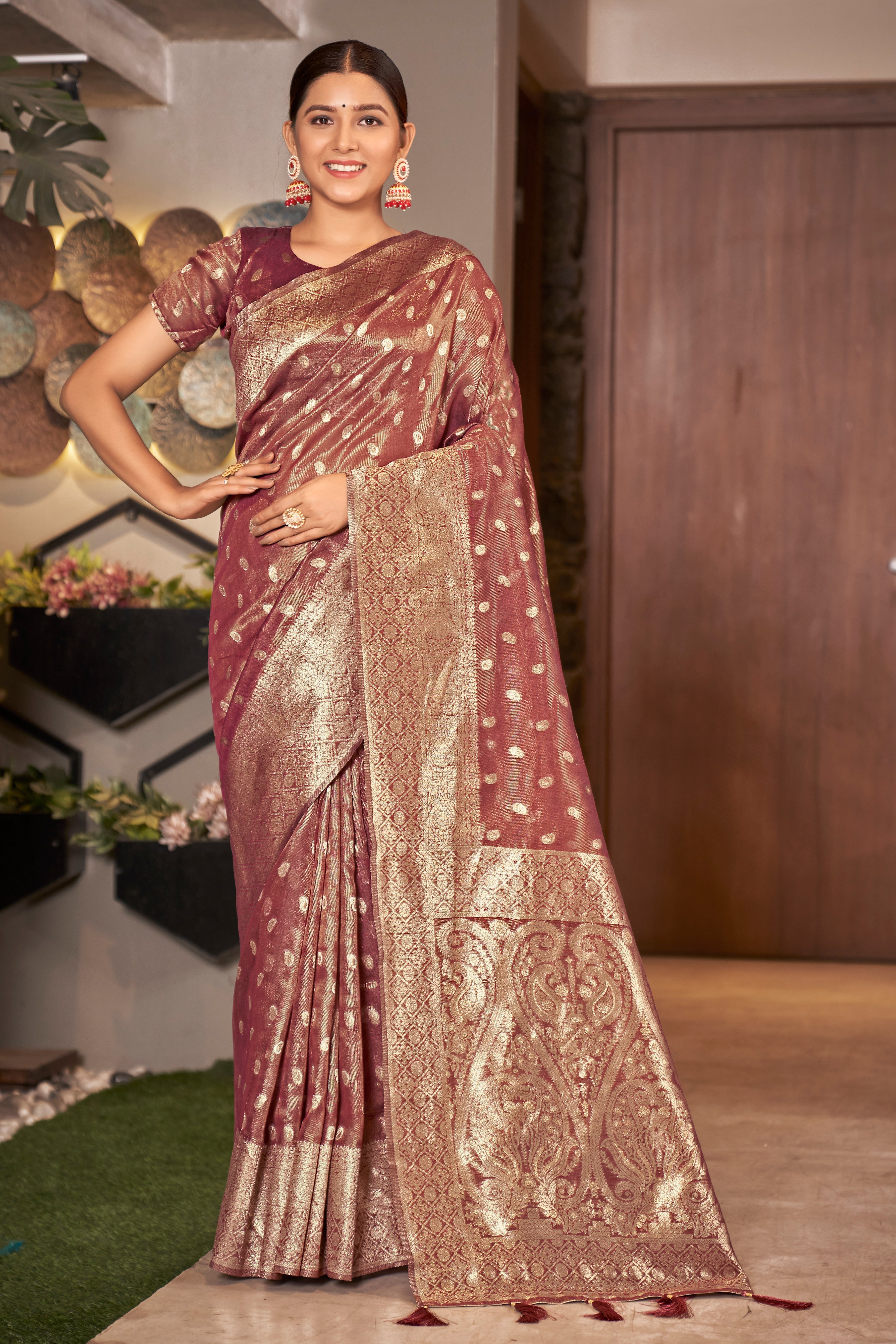 Rust Pink Color Weaving Zari Work Classic Saree For Festival - Colorful Saree