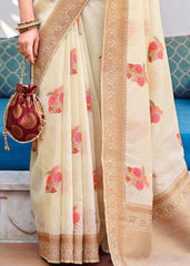 Light Cream Pure Linen Woven Silk Saree with Zari work on Border and Pallu - Colorful Saree